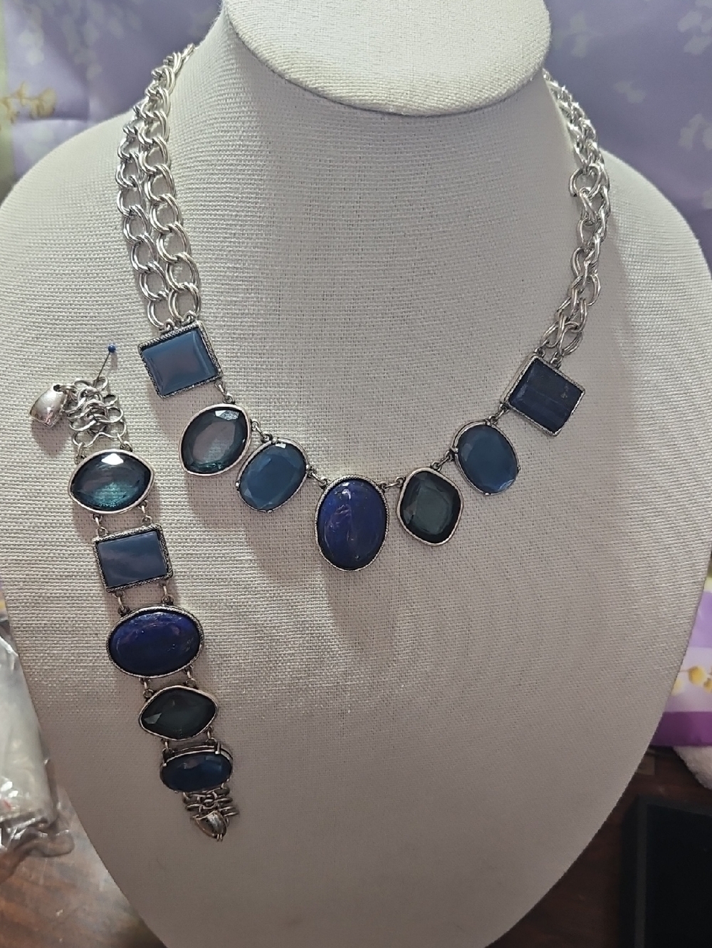 Chico's Multi-Shape Blue Stone Necklace and Bracelet Set